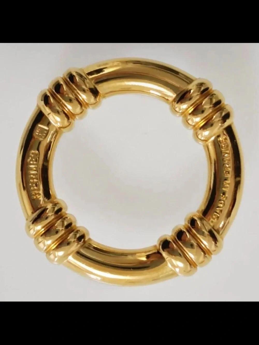 Hermes Shiny Gold Scarf Ring Charm with Ribbed Accents